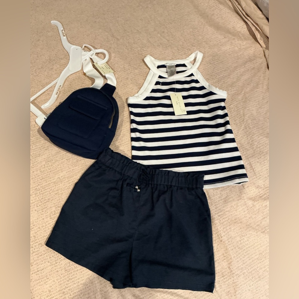 Striped Tank Top and Navy Shorts Set with Navy cross body bag. - Picture 4 of 6